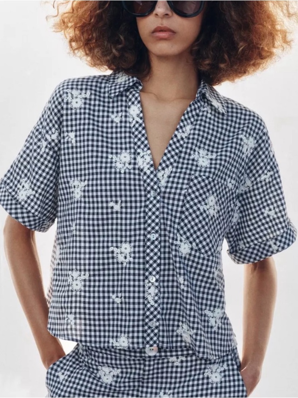 Zara Embroidered Plaid Shirt NWT Black White Gingham Cropped Cottagecore XL